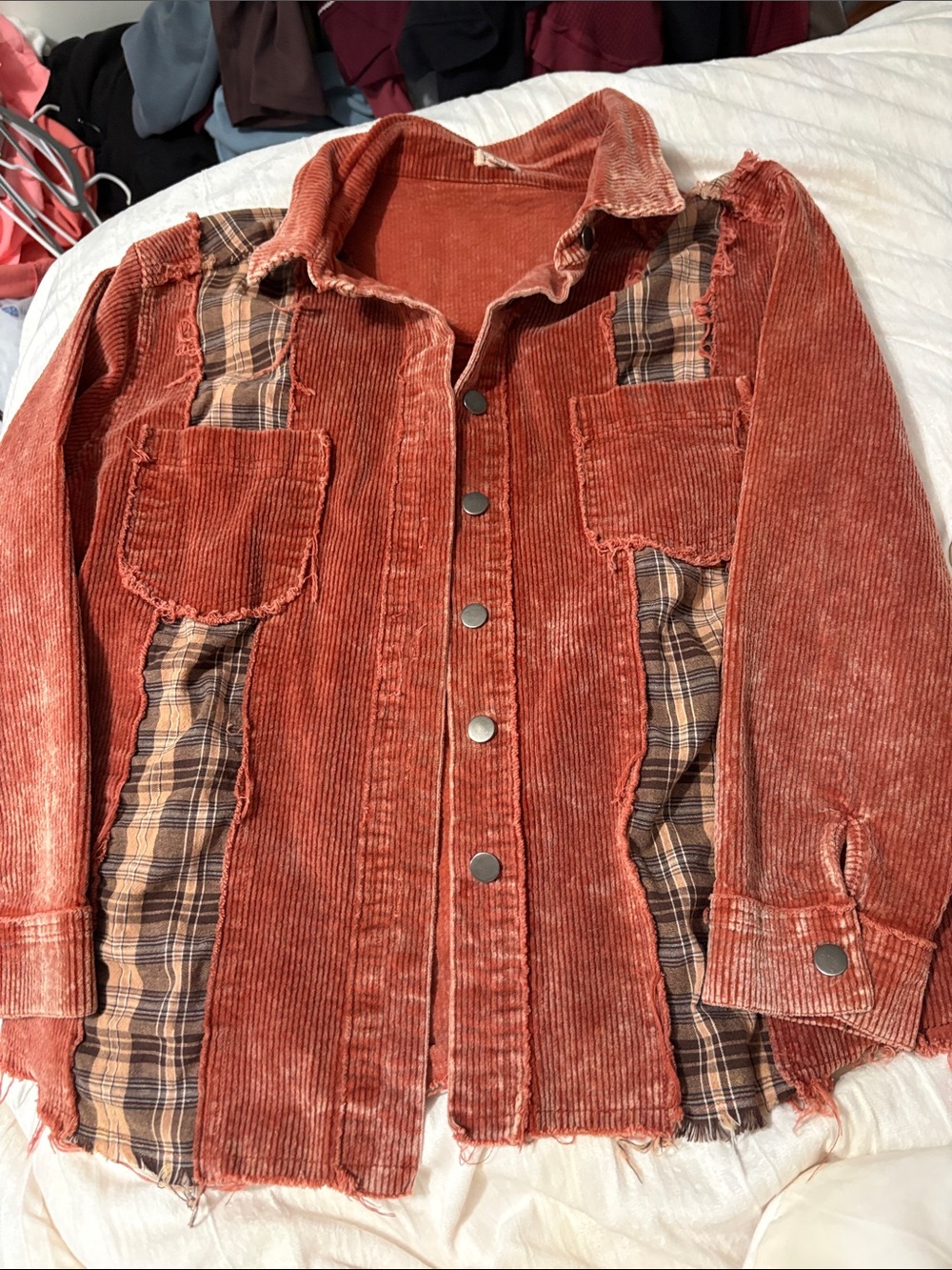 POL Rust Corduroy Jean Jacket with Plaid Accents
